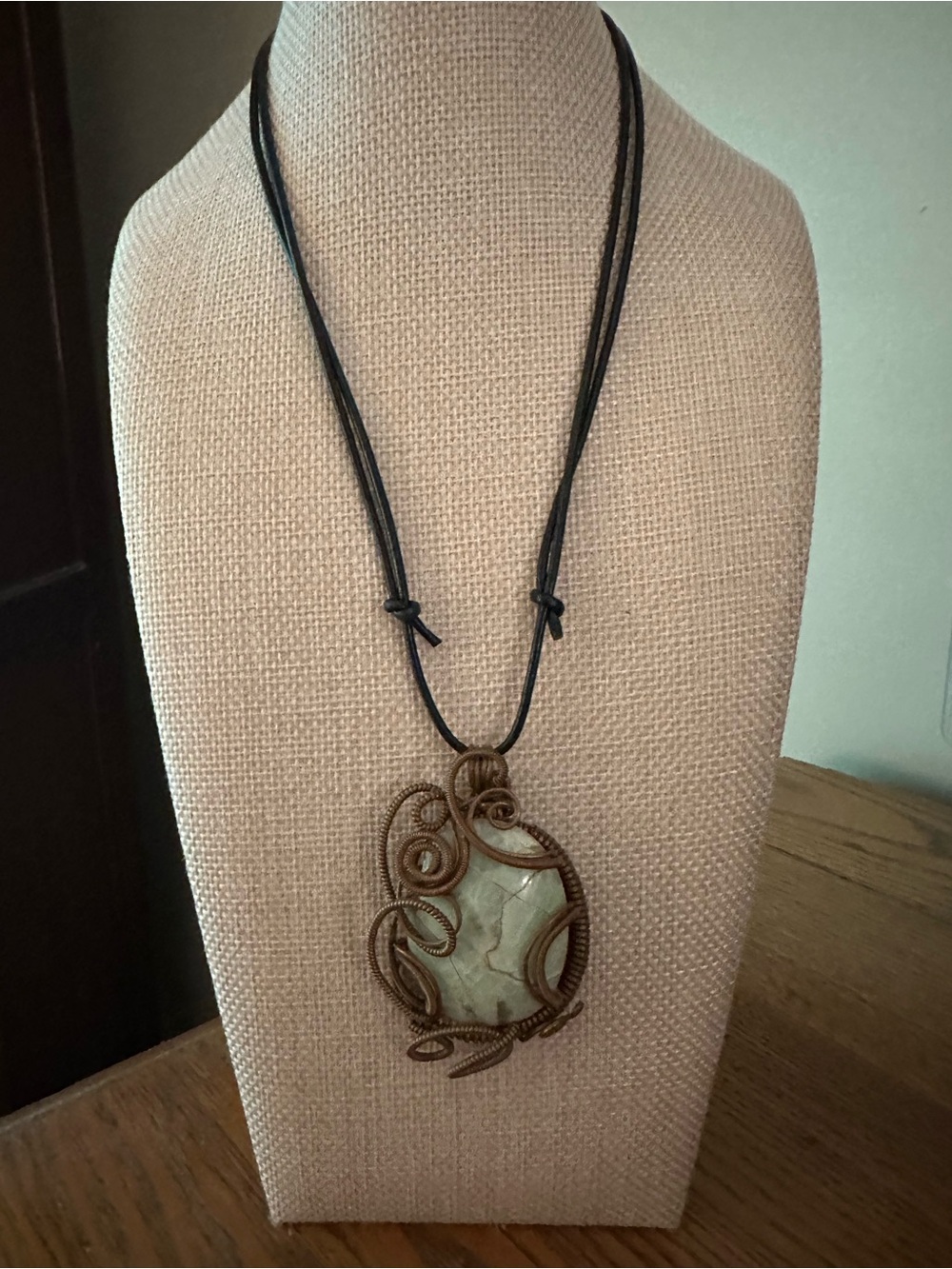 Handcrafted Calcite Brown Wire-Wrapped Pendant Necklace on Adjustable Cord Boho